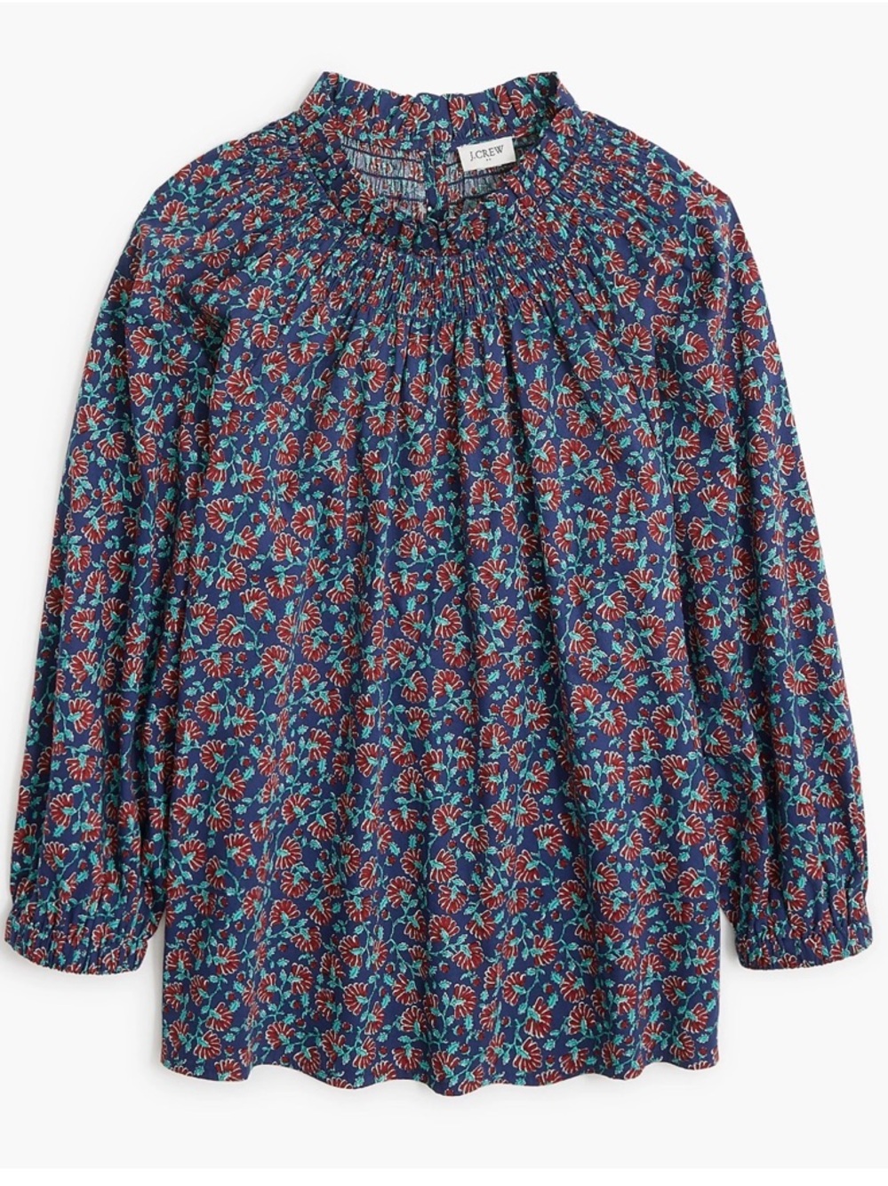J. Crew Smocked Block Print Floral Peasant Cottage Blouse Navy Rust XL